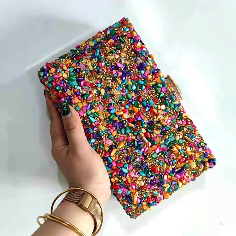 Bohemian  Stone Evening Bags Candy Color Rhinestones Day Clutch New Design Female Handbags Chain Purse