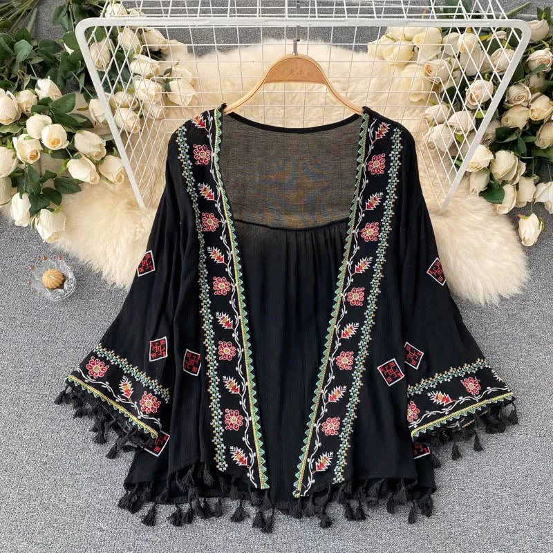 Bohemian Style Embroidered Tassel Shirt