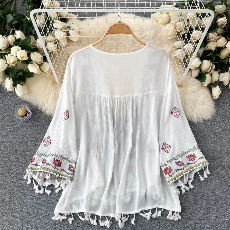 Bohemian Style Embroidered Tassel Shirt