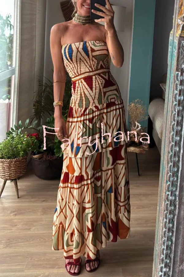 Bohemian Style Unique Print Tube Top Pleated Maxi Dress