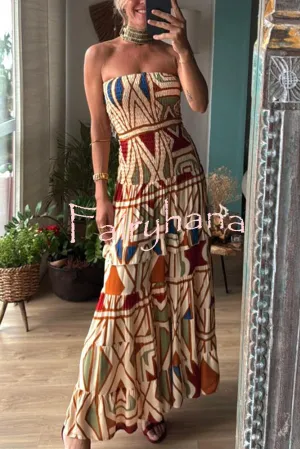Bohemian Style Unique Print Tube Top Pleated Maxi Dress