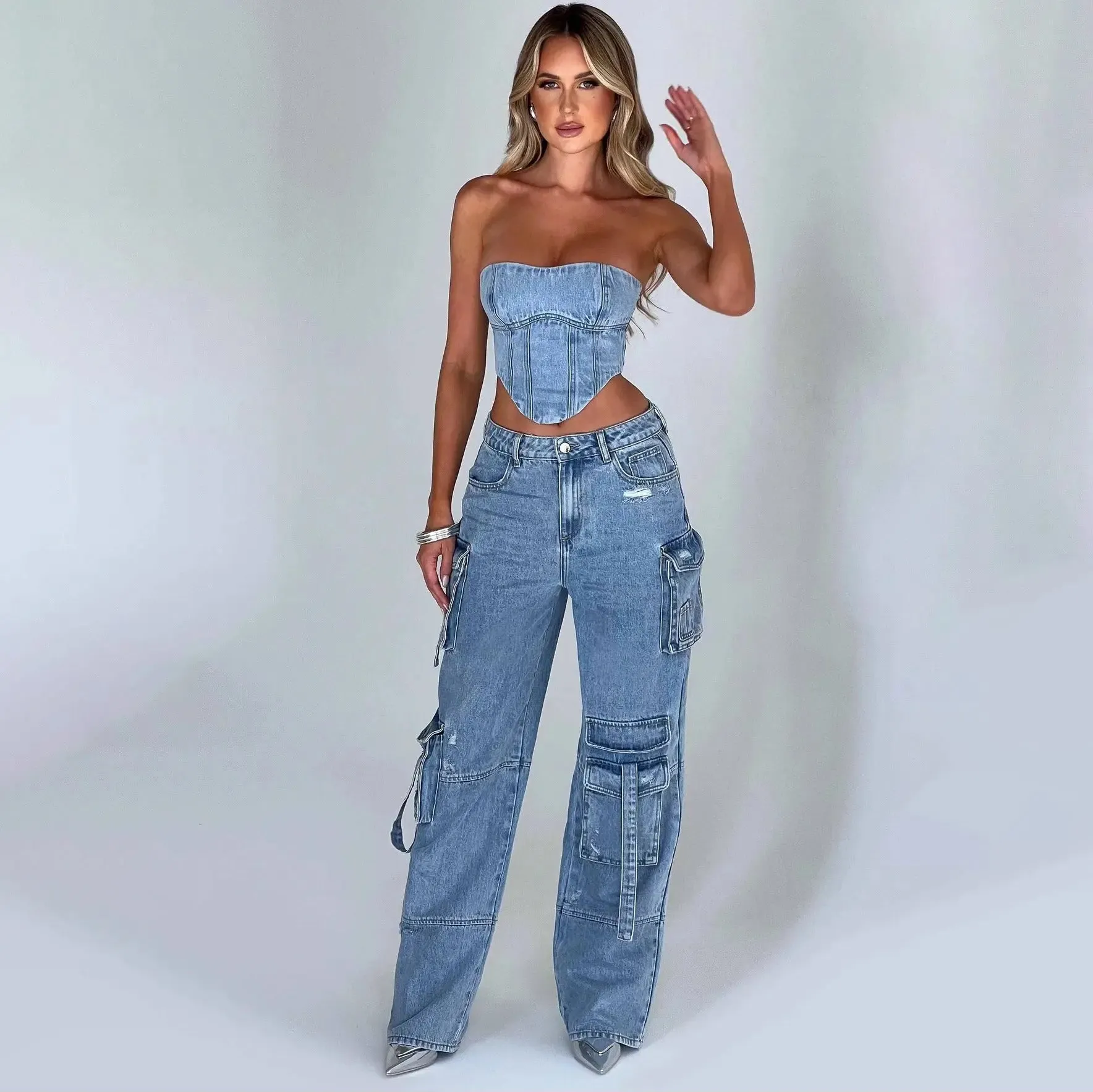 Cargo Jeans – Light Wash Denim – Utility Street Style