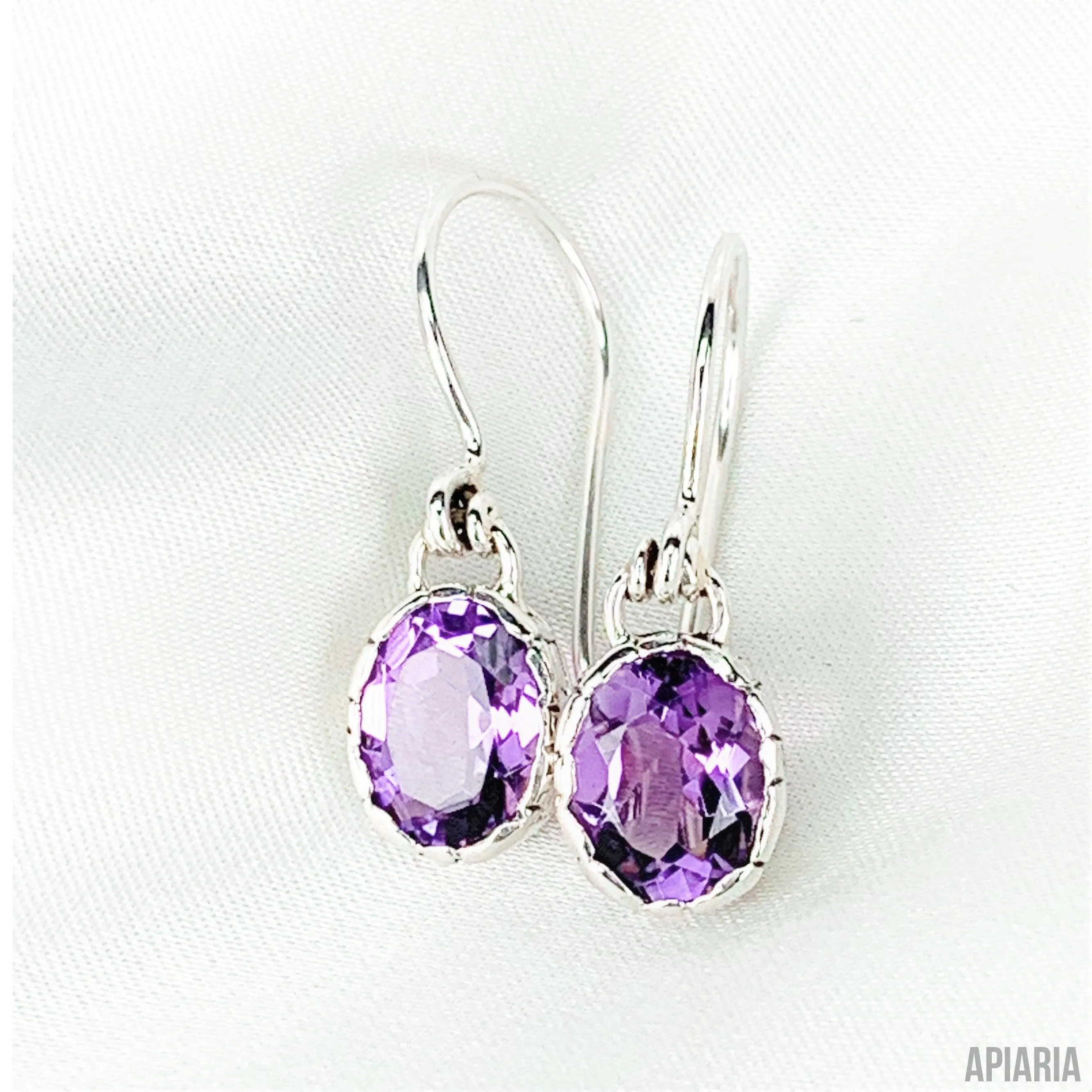 Carved Sterling Silver Faceted Amethyst Drop Earrings