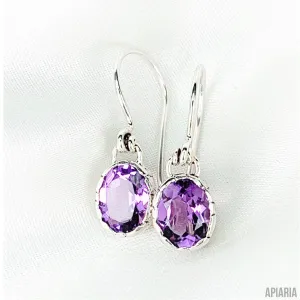 Carved Sterling Silver Faceted Amethyst Drop Earrings