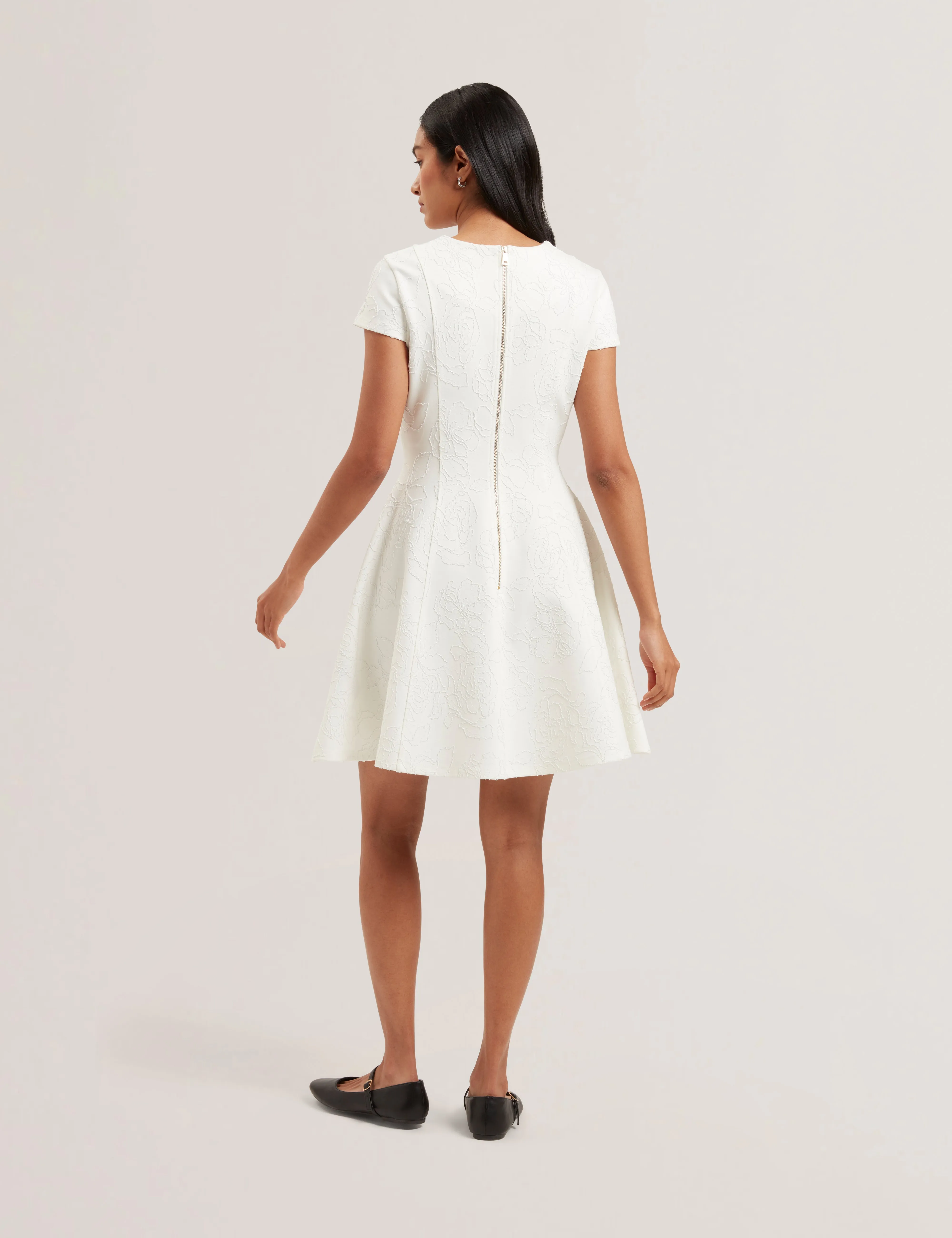 Clodaa Embroidered Ponte Mini Skater Dress Ivory