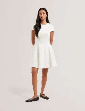 Clodaa Embroidered Ponte Mini Skater Dress Ivory