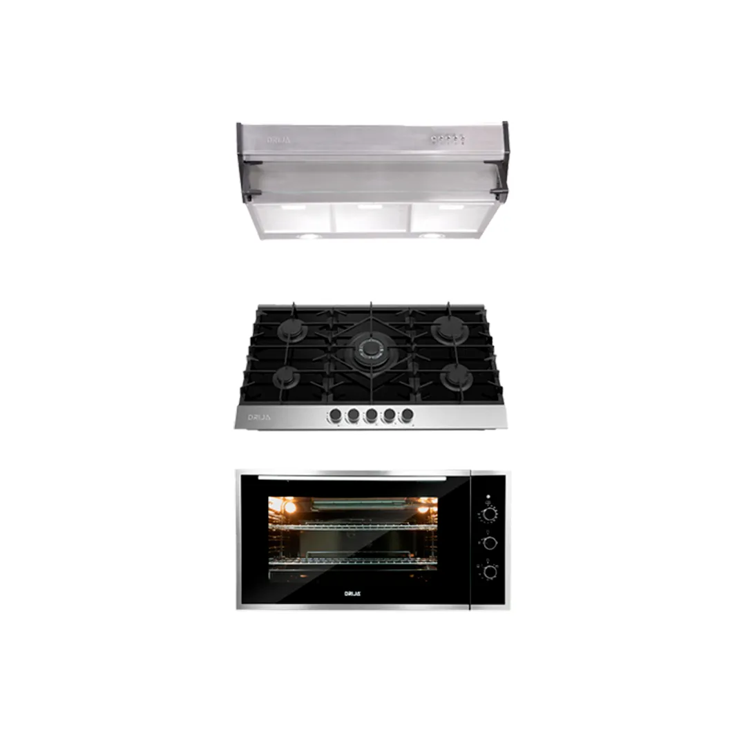 COMBO C - DRIJA - 90CM / 36” – ACERO/VIDRIO(Estufa, Horno y Extractor).