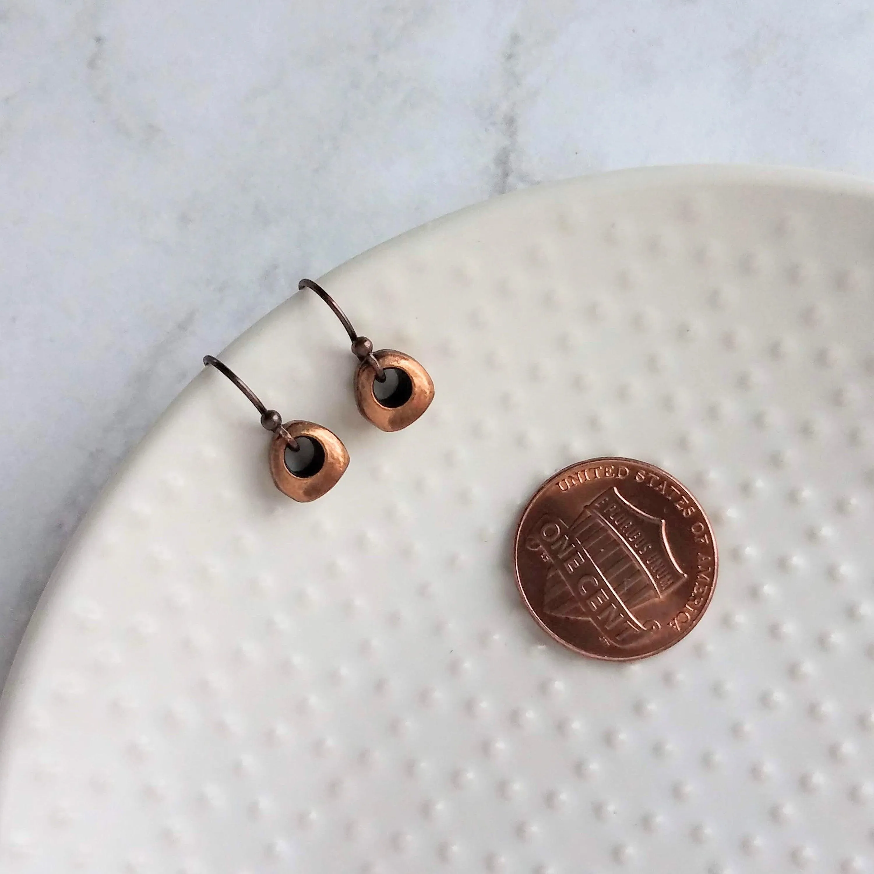 Copper Nugget Earrings, aged copper earring, antique copper earring, small copper dangle, little antique copper earring, tiny chunky copper