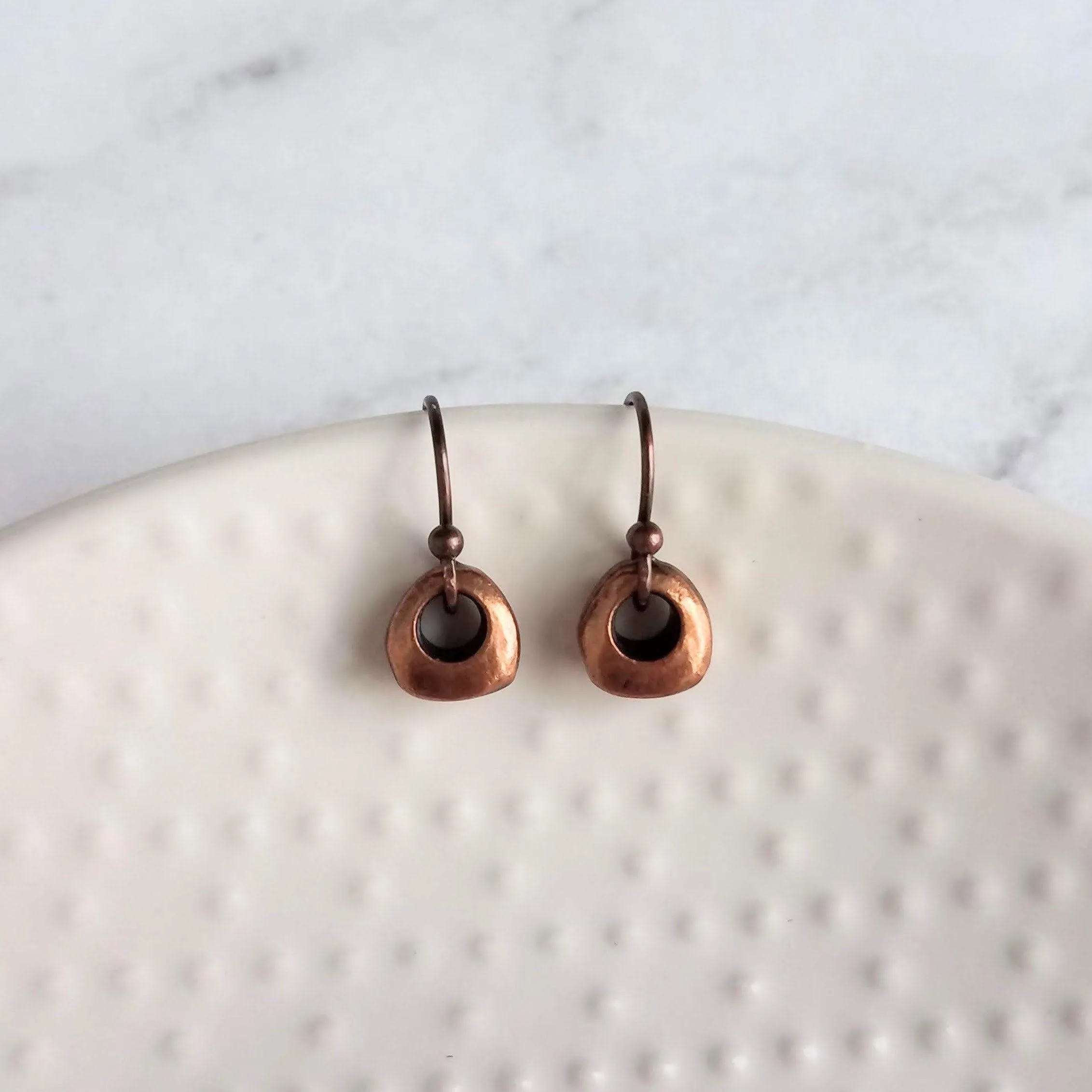 Copper Nugget Earrings, aged copper earring, antique copper earring, small copper dangle, little antique copper earring, tiny chunky copper