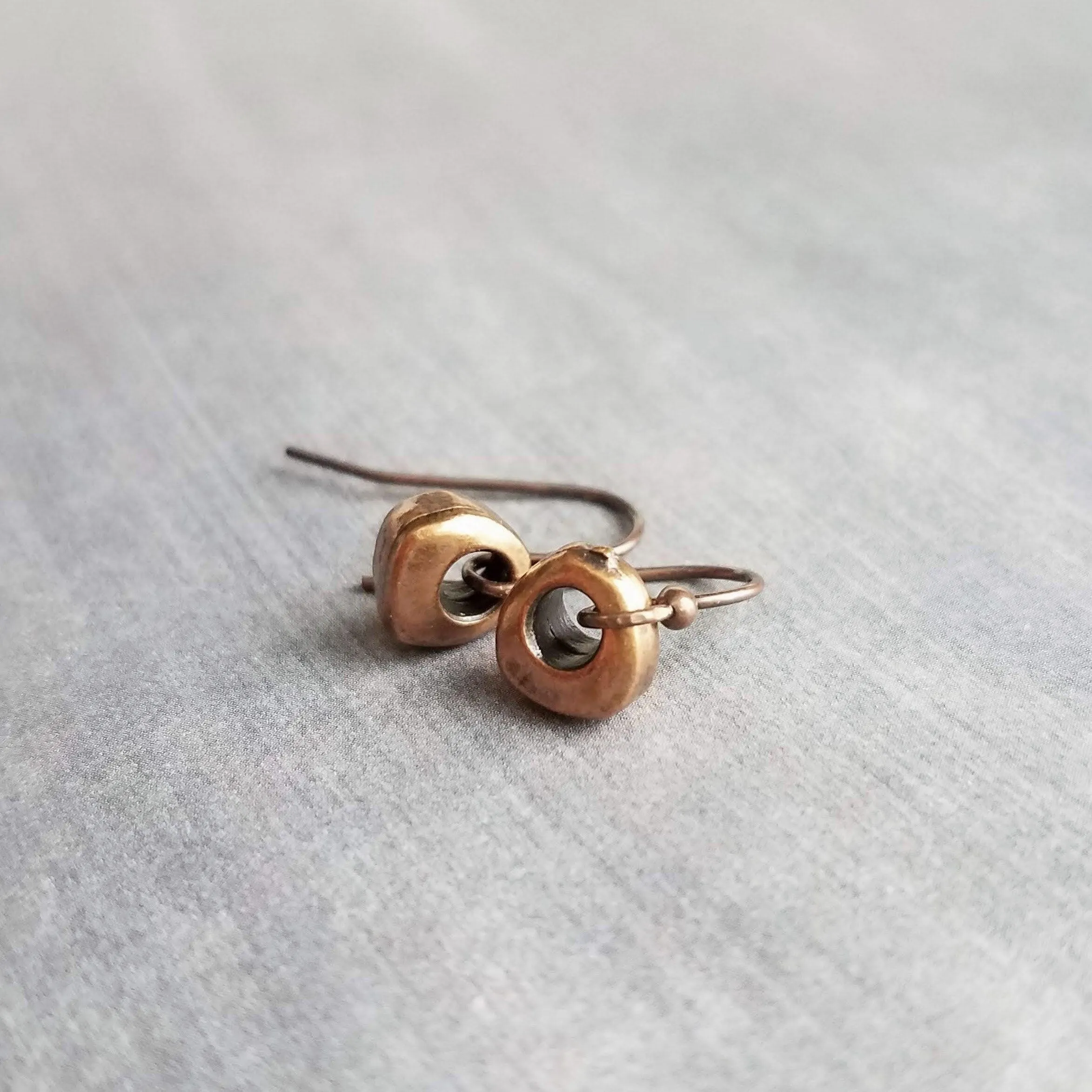 Copper Nugget Earrings, aged copper earring, antique copper earring, small copper dangle, little antique copper earring, tiny chunky copper
