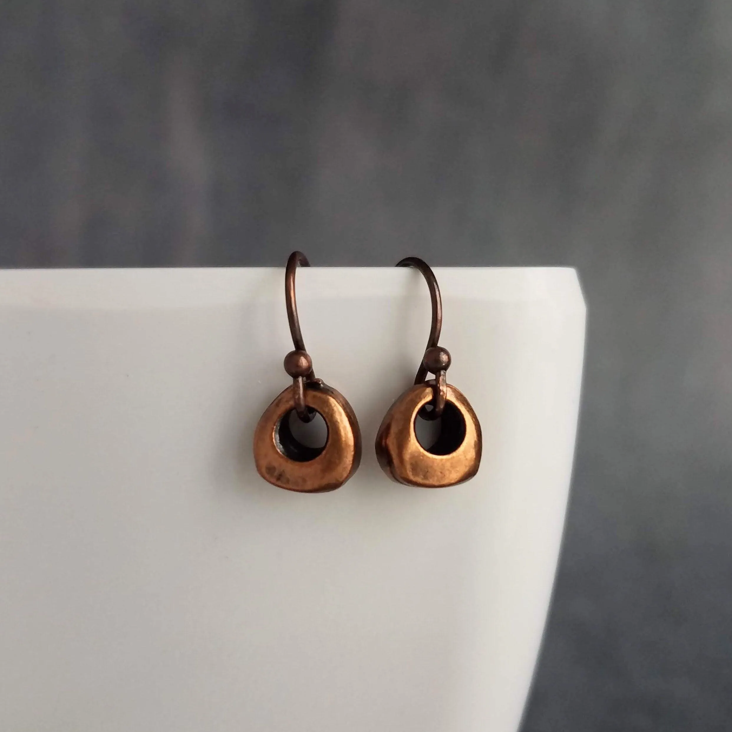 Copper Nugget Earrings, aged copper earring, antique copper earring, small copper dangle, little antique copper earring, tiny chunky copper