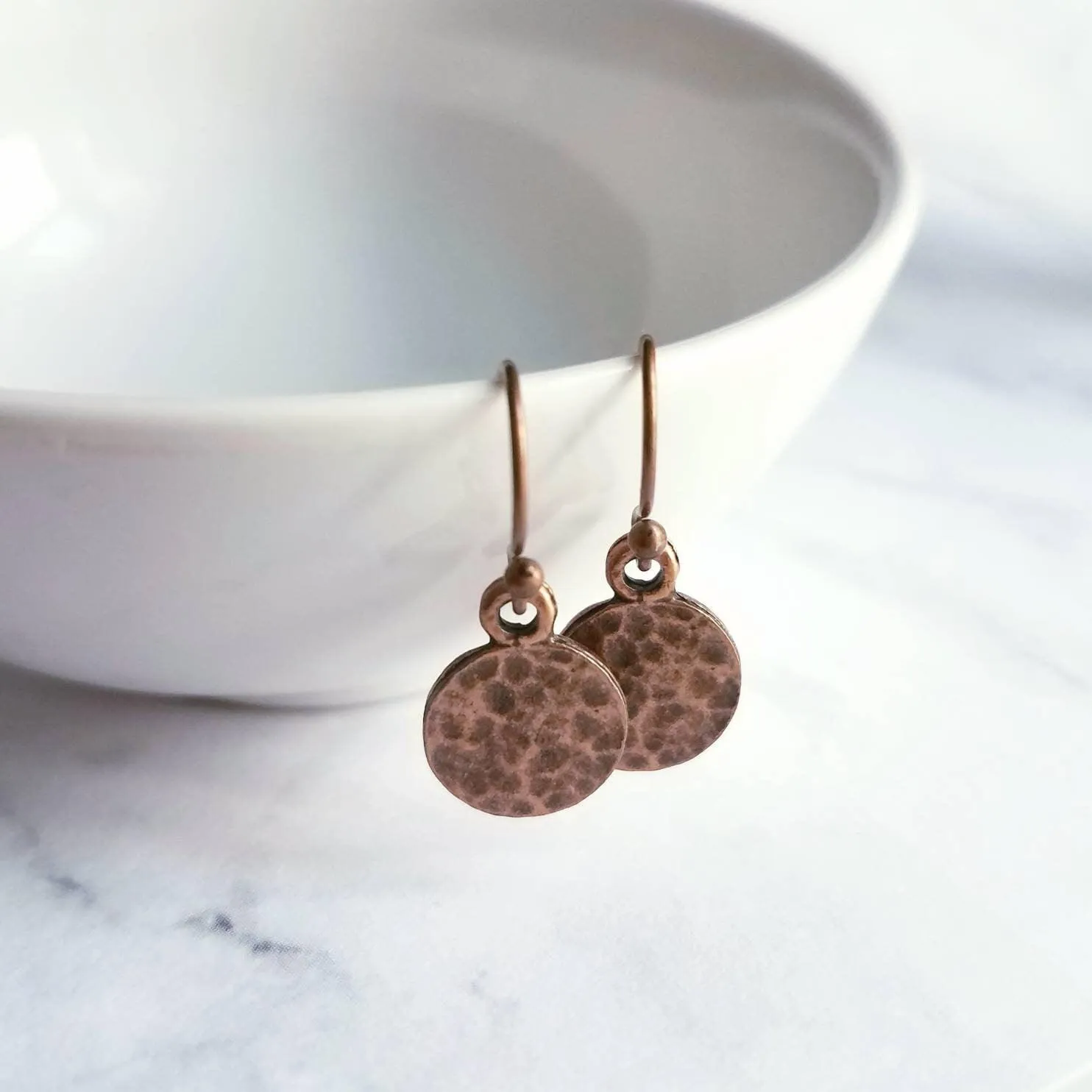 Copper Tag Earrings - small hammered antique/aged finish round rust brown disc on little simple ball ear hook - lightweight/minimalist