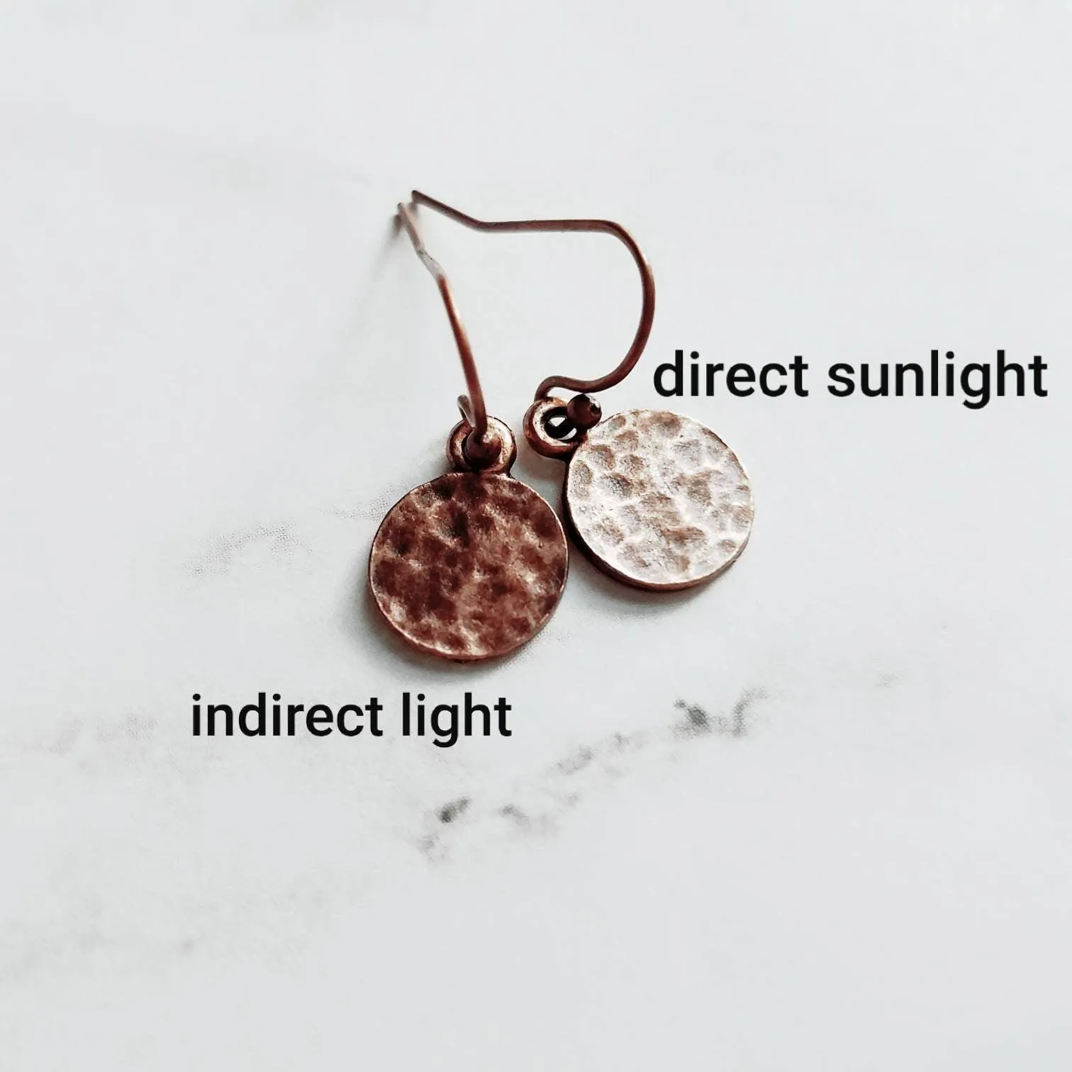 Copper Tag Earrings - small hammered antique/aged finish round rust brown disc on little simple ball ear hook - lightweight/minimalist