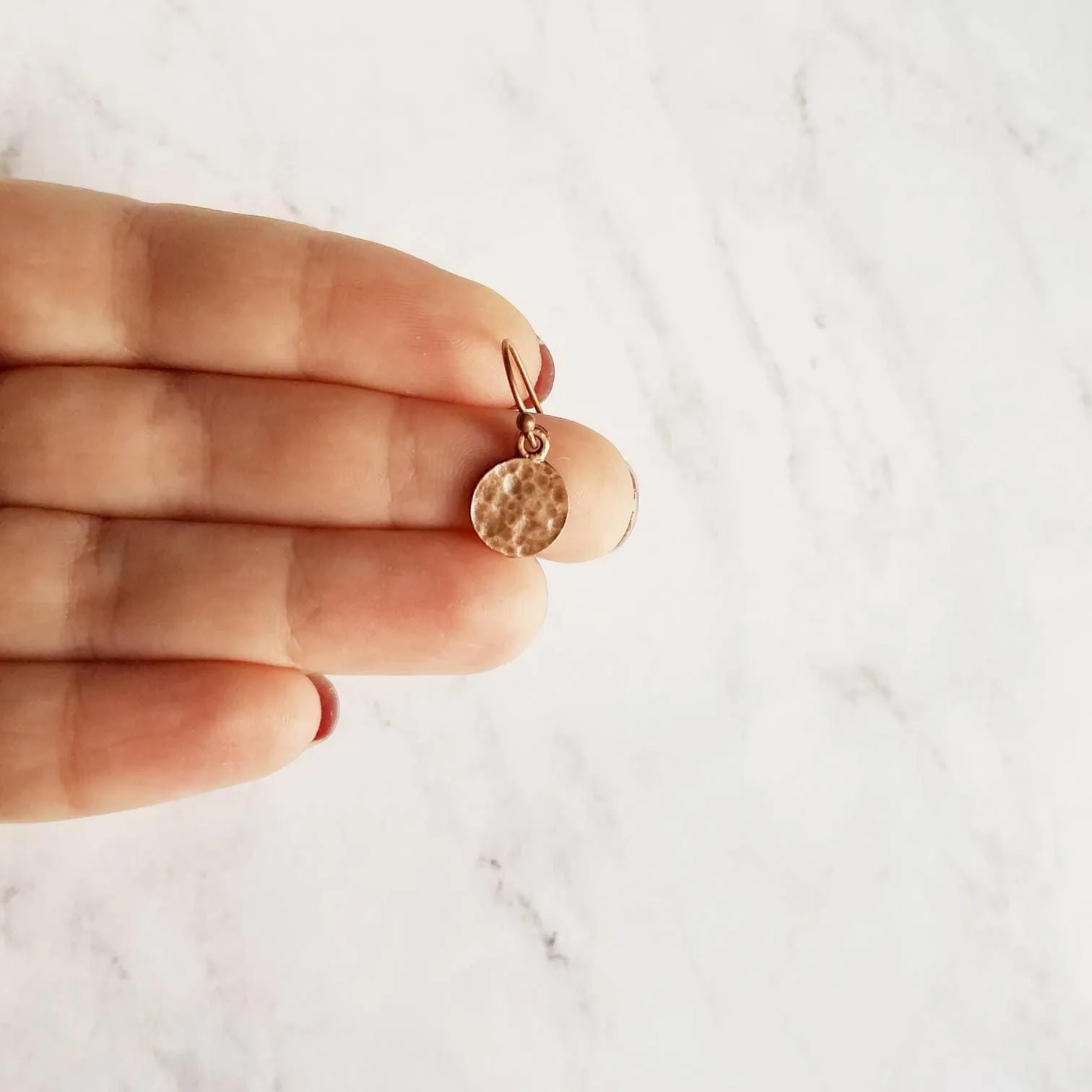 Copper Tag Earrings - small hammered antique/aged finish round rust brown disc on little simple ball ear hook - lightweight/minimalist