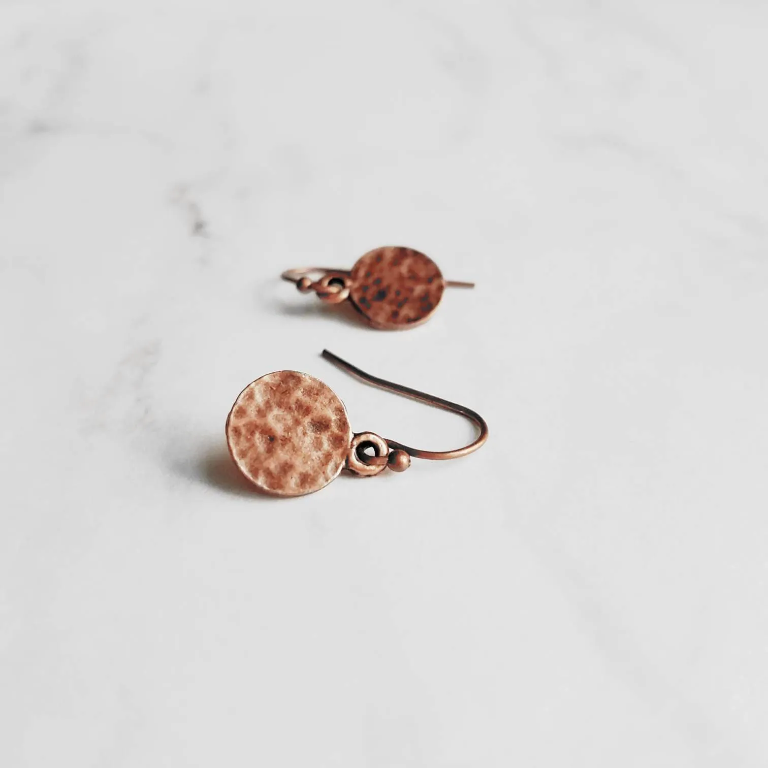 Copper Tag Earrings - small hammered antique/aged finish round rust brown disc on little simple ball ear hook - lightweight/minimalist