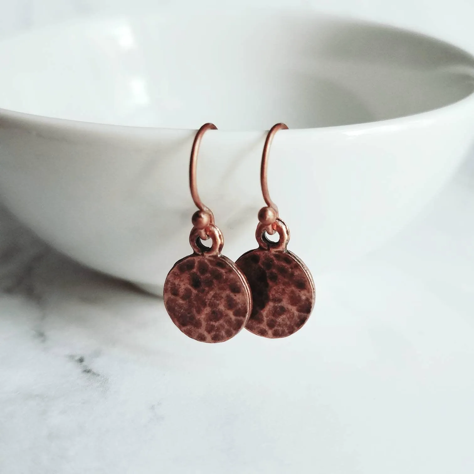 Copper Tag Earrings - small hammered antique/aged finish round rust brown disc on little simple ball ear hook - lightweight/minimalist