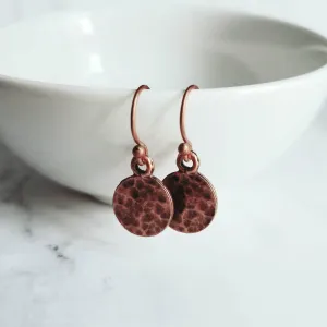 Copper Tag Earrings - small hammered antique/aged finish round rust brown disc on little simple ball ear hook - lightweight/minimalist