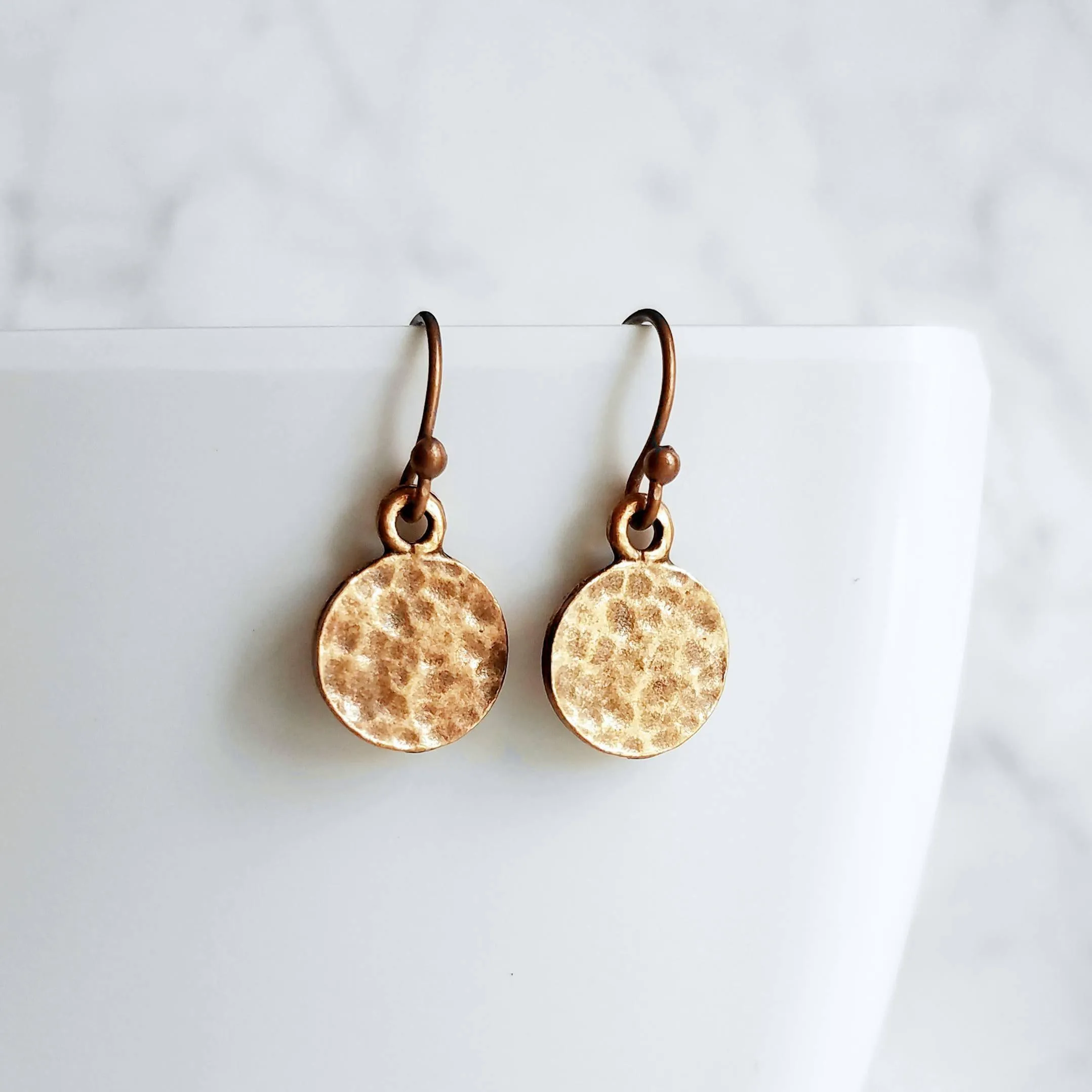 Copper Tag Earrings - small hammered antique/aged finish round rust brown disc on little simple ball ear hook - lightweight/minimalist