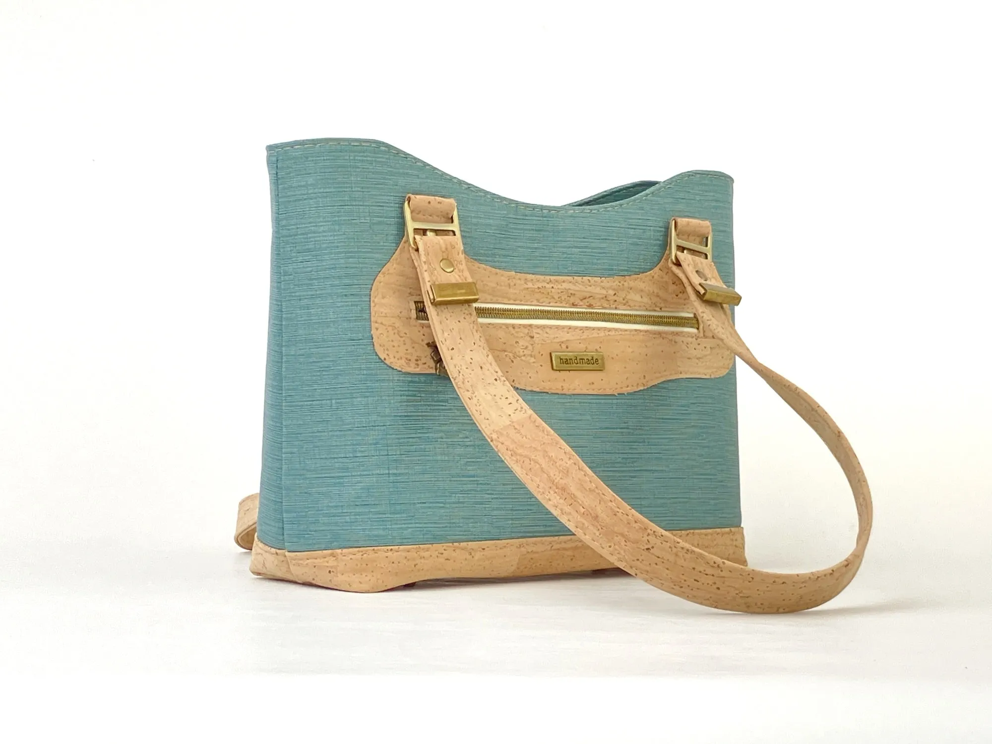Cork & Textured Vinyl Structured Shoulder Bag with Exterior Zipper Pocket