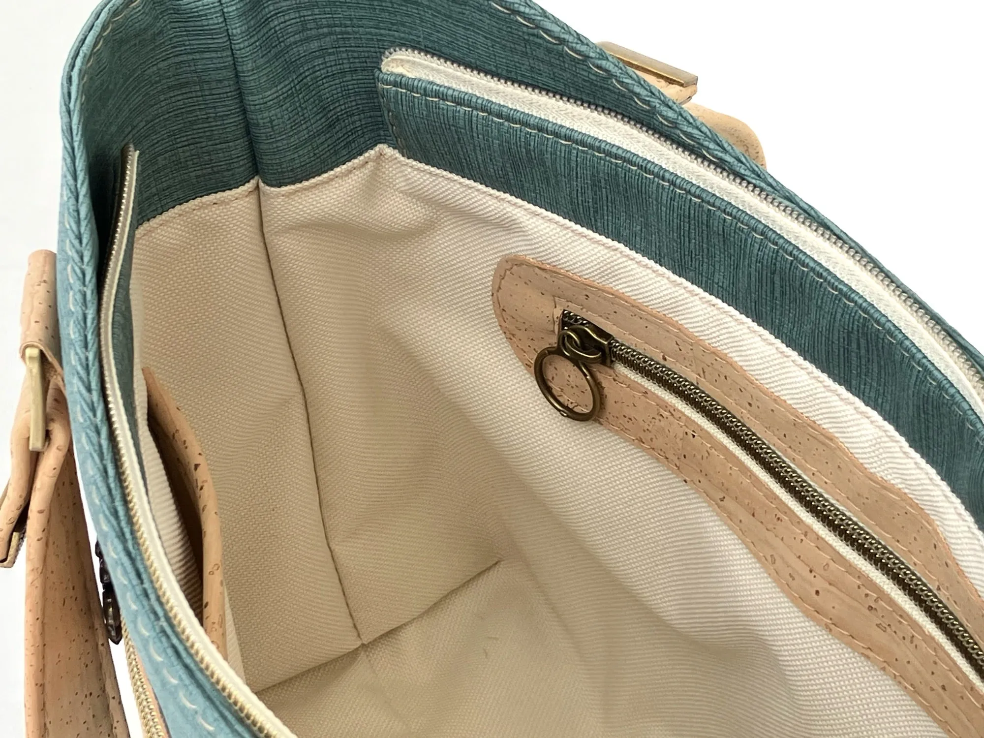 Cork & Textured Vinyl Structured Shoulder Bag with Exterior Zipper Pocket