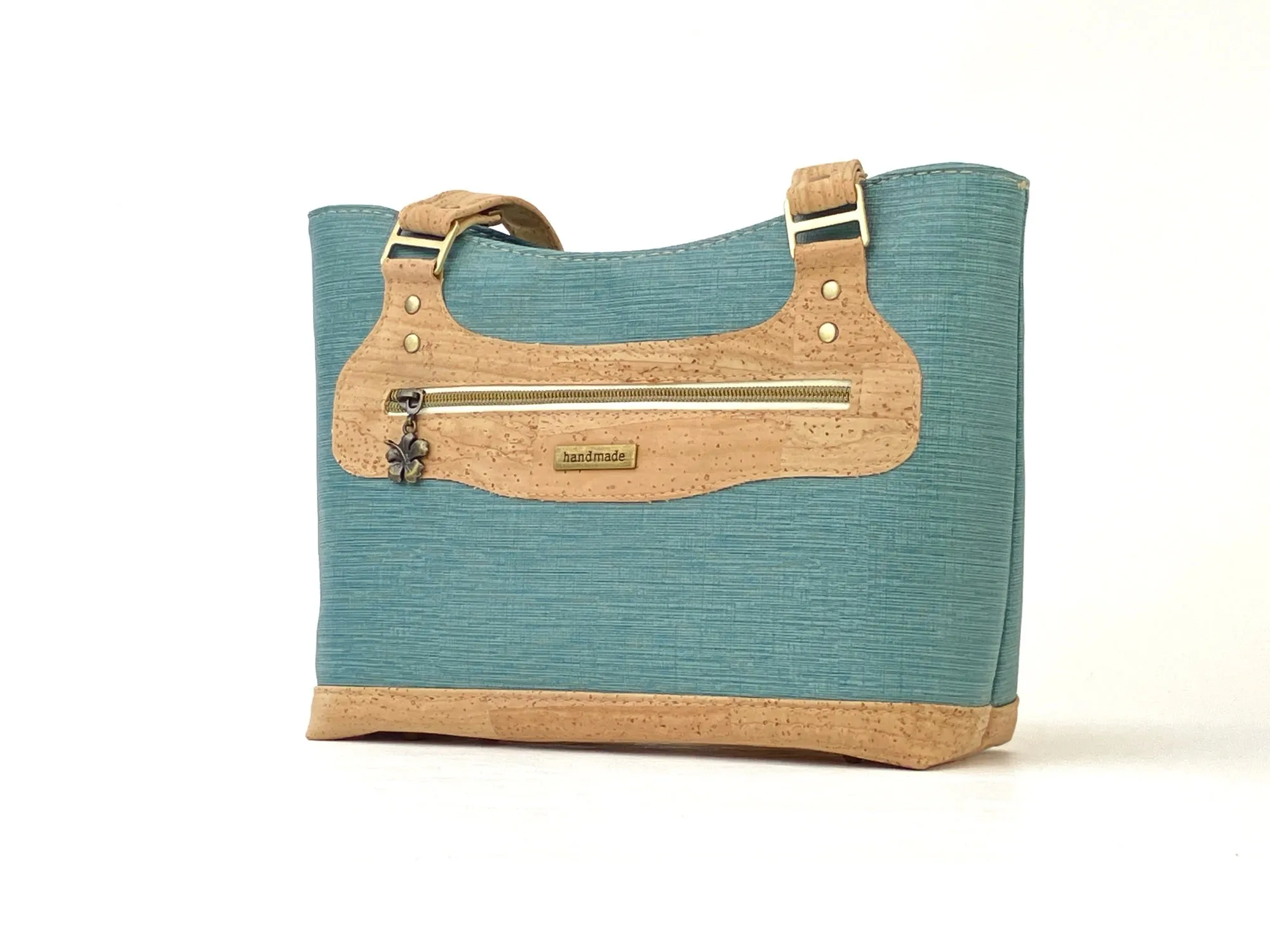 Cork & Textured Vinyl Structured Shoulder Bag with Exterior Zipper Pocket
