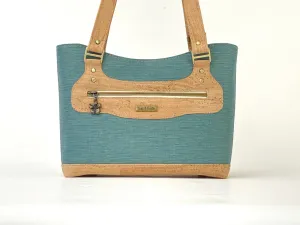 Cork & Textured Vinyl Structured Shoulder Bag with Exterior Zipper Pocket