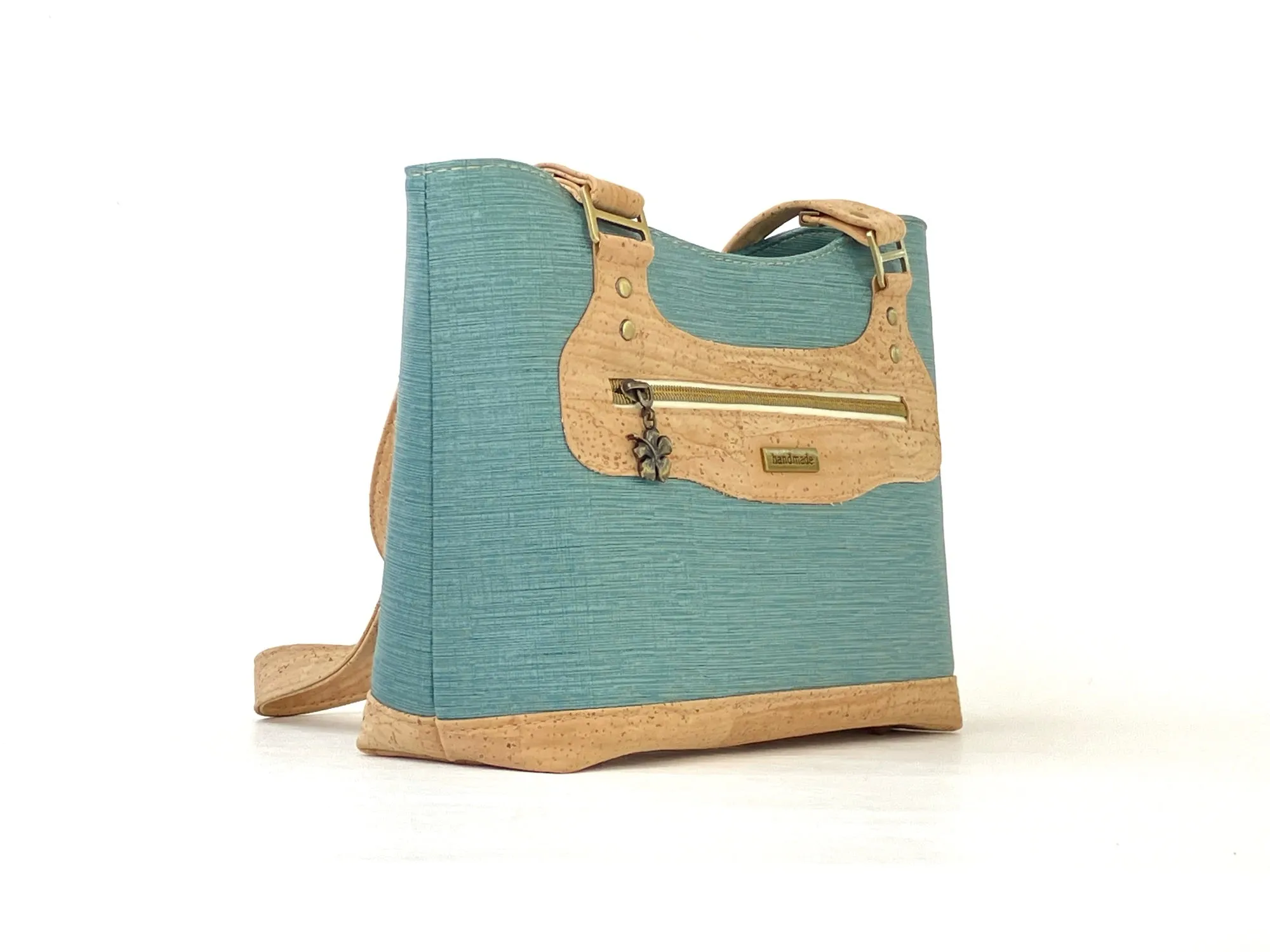 Cork & Textured Vinyl Structured Shoulder Bag with Exterior Zipper Pocket