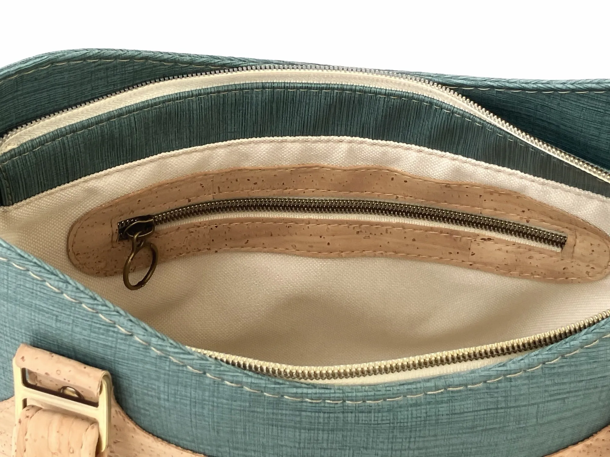 Cork & Textured Vinyl Structured Shoulder Bag with Exterior Zipper Pocket