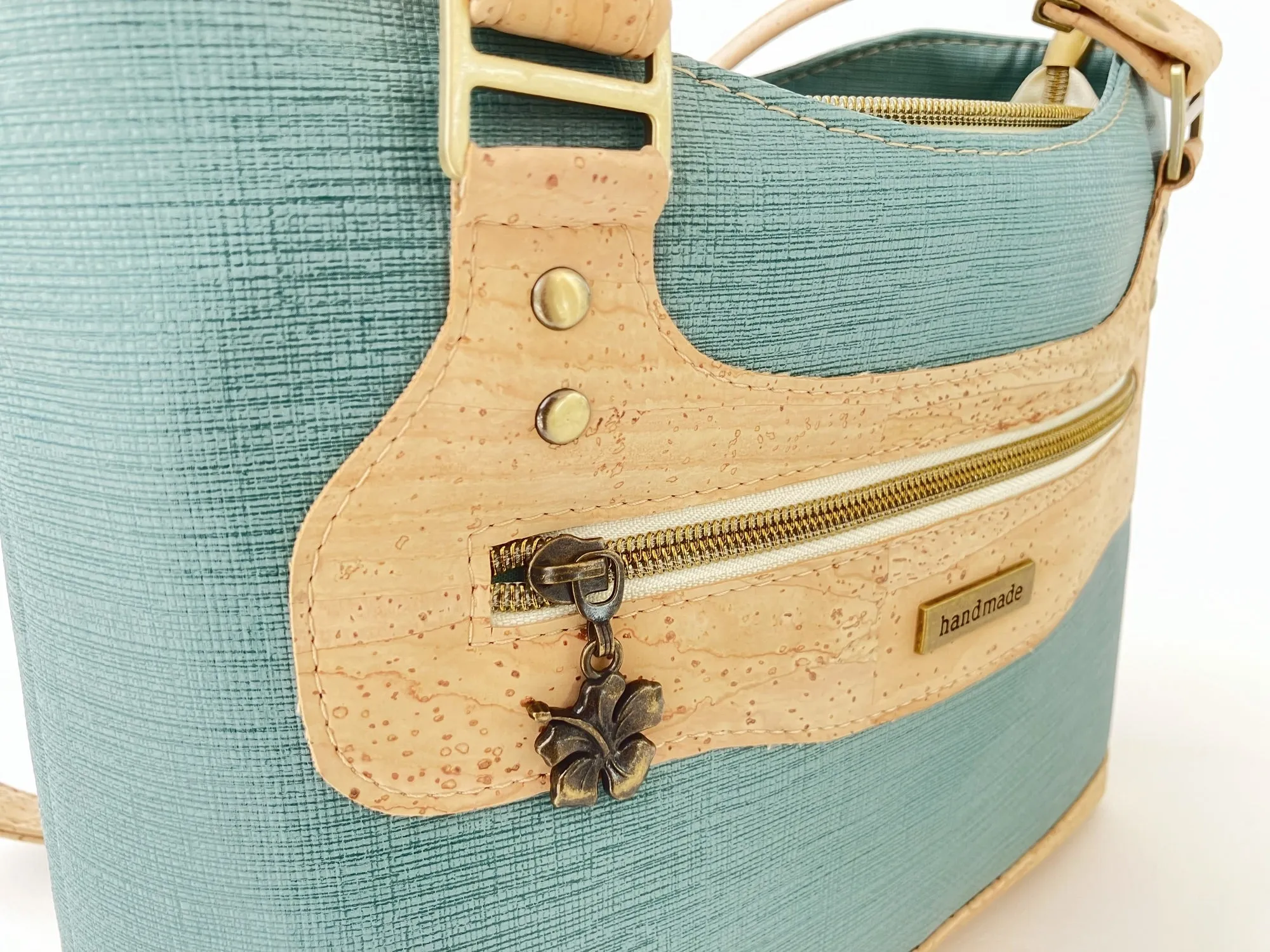 Cork & Textured Vinyl Structured Shoulder Bag with Exterior Zipper Pocket