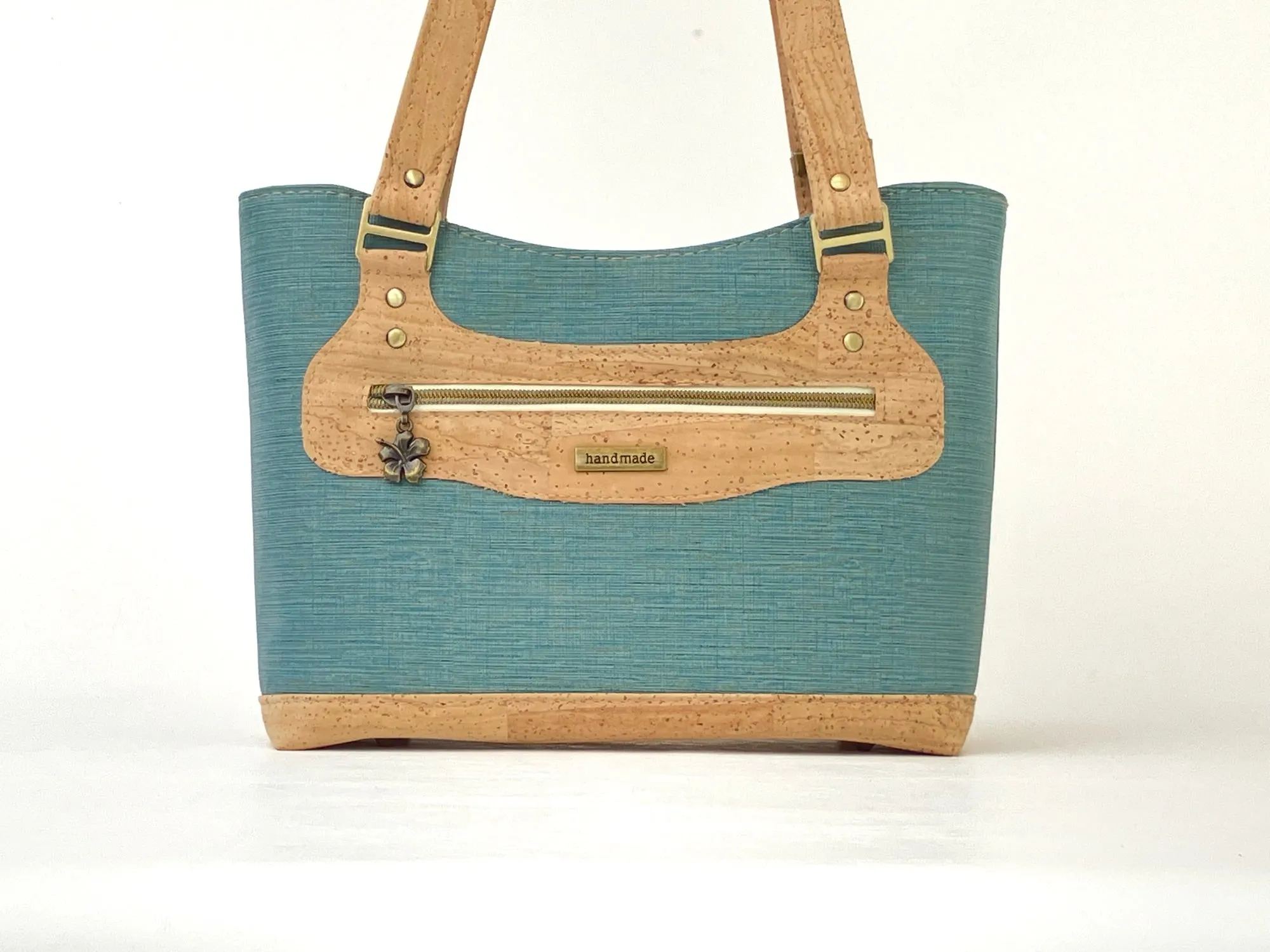 Cork & Textured Vinyl Structured Shoulder Bag with Exterior Zipper Pocket