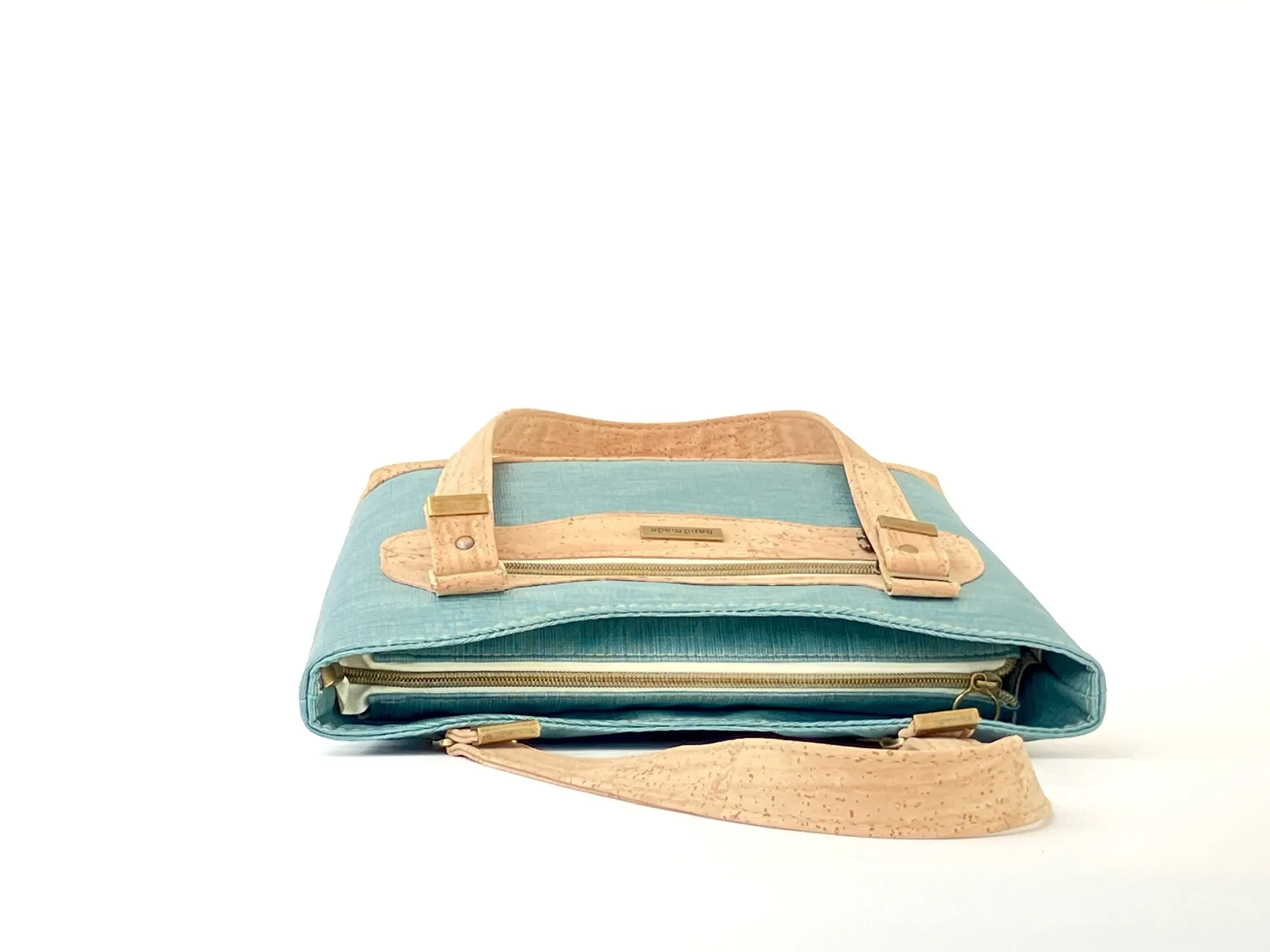Cork & Textured Vinyl Structured Shoulder Bag with Exterior Zipper Pocket