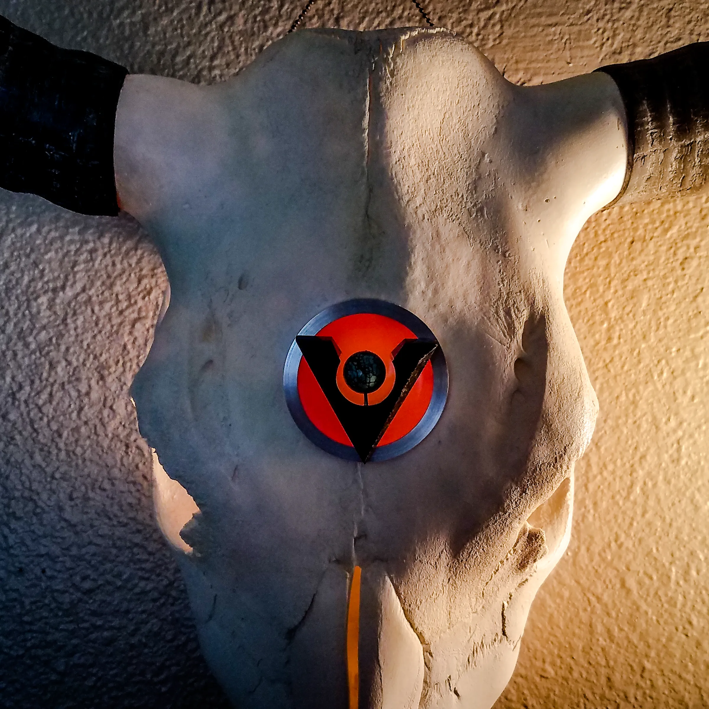 Cow Skull with Black Granite, Turquoise, Red Fiber Optic Glass and Aluminum