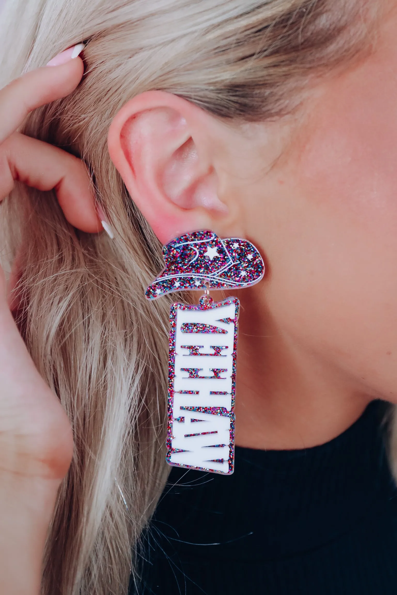 Cowboy Hat "Yeehaw" Glitter Earrings - Multi
