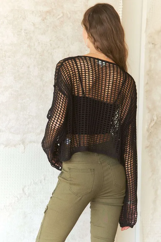 Crochet Long Sleeve Knit Cover Up with Big Pocket