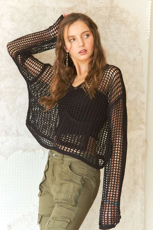 Crochet Long Sleeve Knit Cover Up with Big Pocket