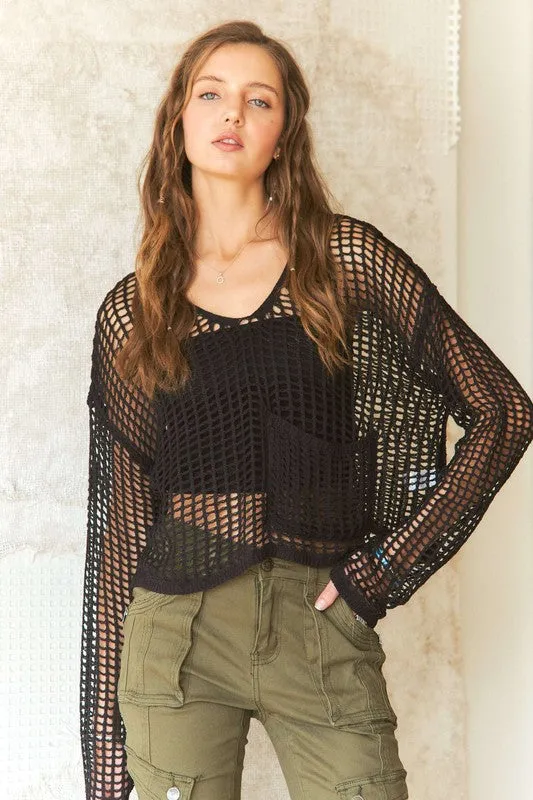 Crochet Long Sleeve Knit Cover Up with Big Pocket