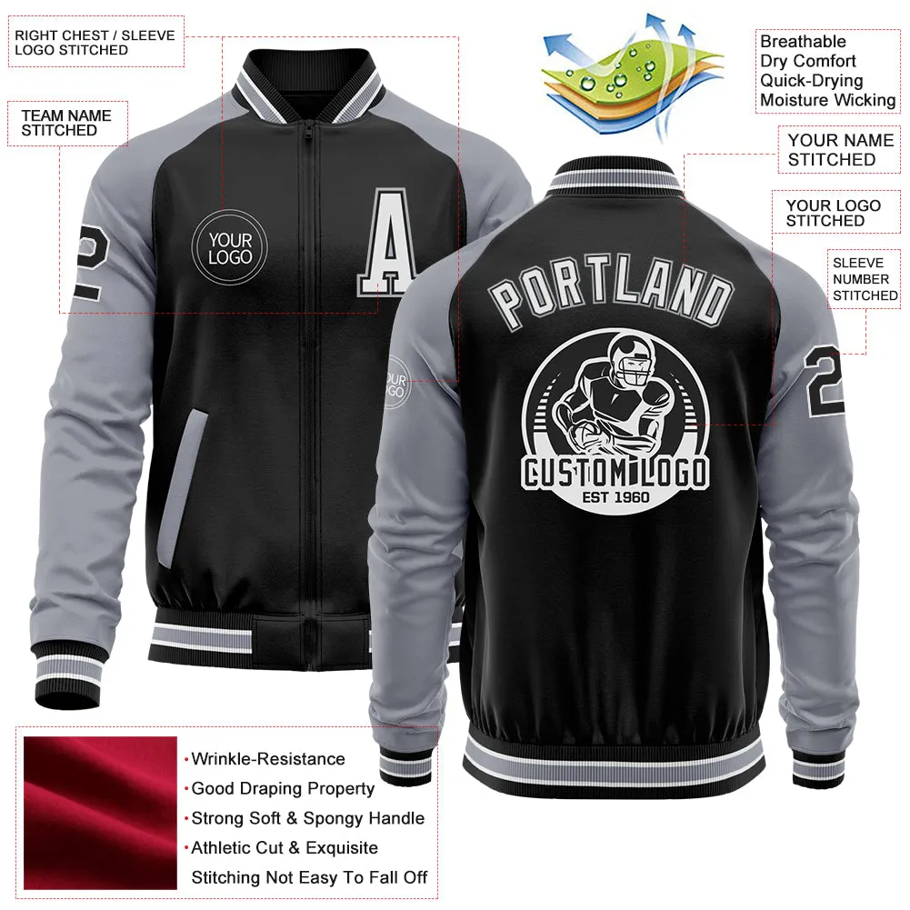 Custom Black Gray-White Bomber Varsity Letterman Two Tone Zipper Jacket