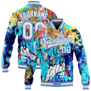 Custom Graffiti Pattern White-Light Blue Abstract 3D Bomber Full-Snap Varsity Letterman Jacket