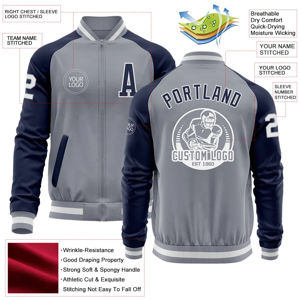 Custom Gray White-Navy Varsity Letterman Two Tone Zipper Jacket