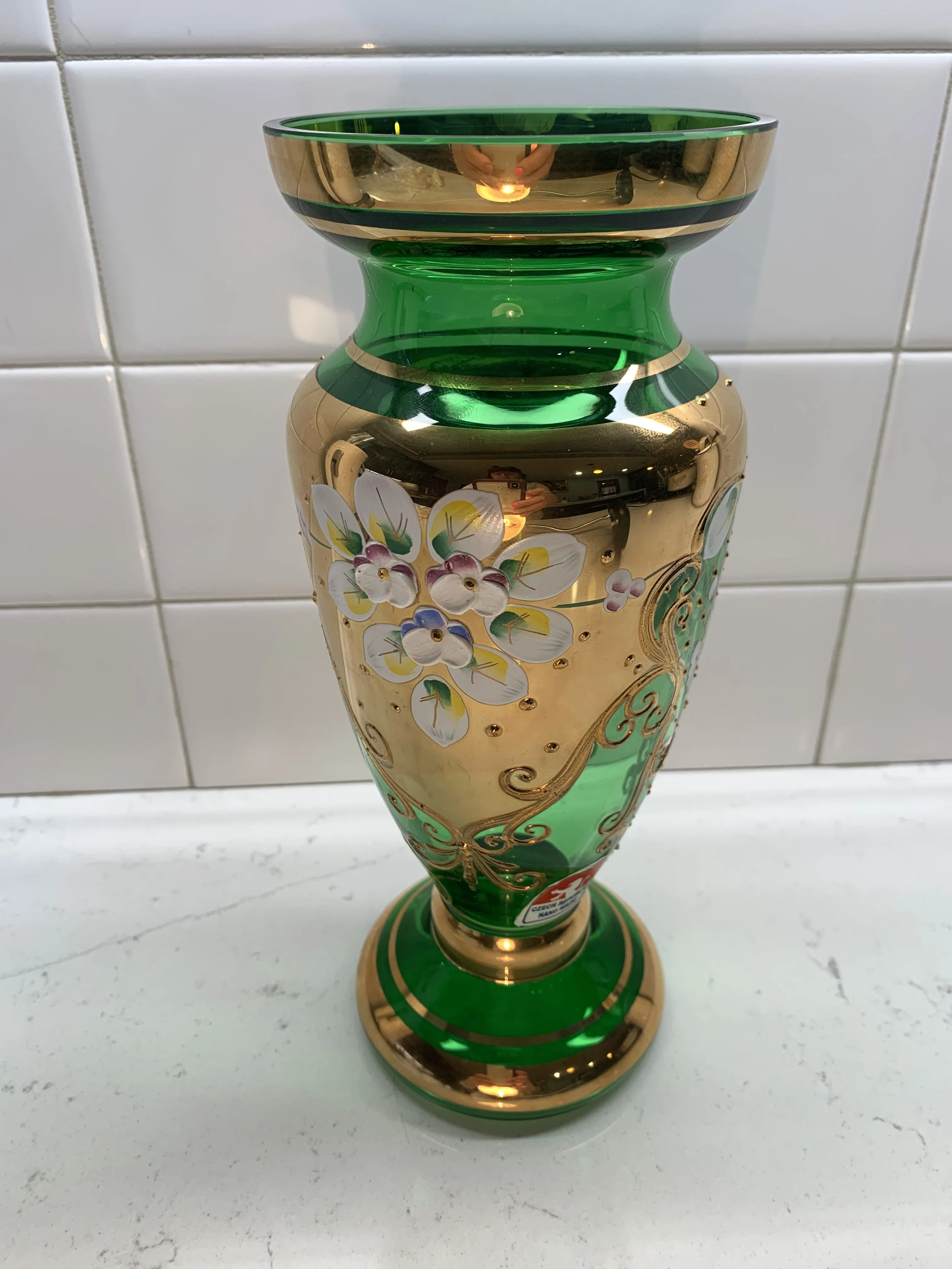 Czech Bohemian Egermann 24K Gold Encrusted Enameled Green Art Glass Vase 8.5"