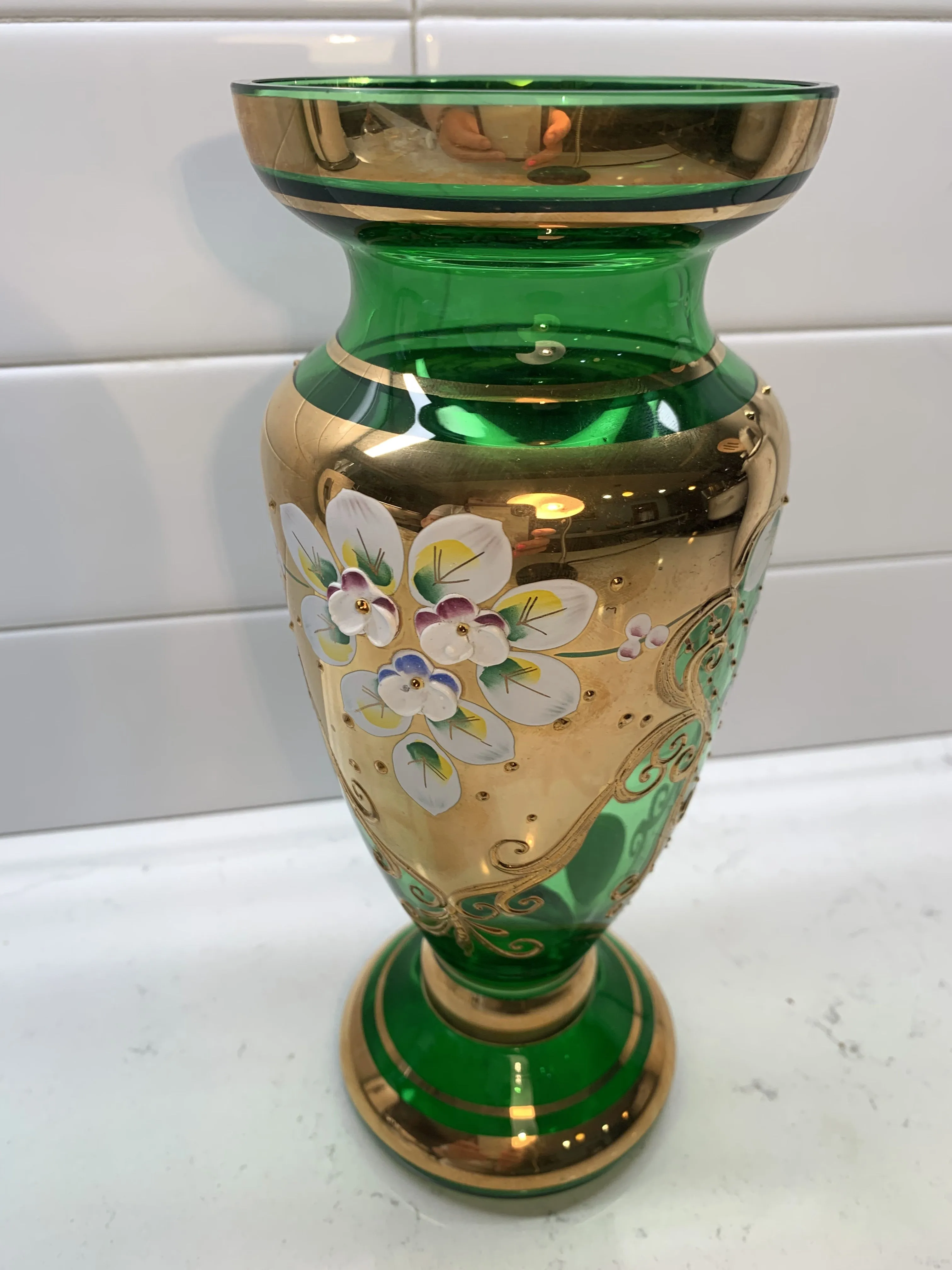 Czech Bohemian Egermann 24K Gold Encrusted Enameled Green Art Glass Vase 8.5"