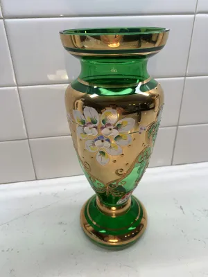 Czech Bohemian Egermann 24K Gold Encrusted Enameled Green Art Glass Vase 8.5"