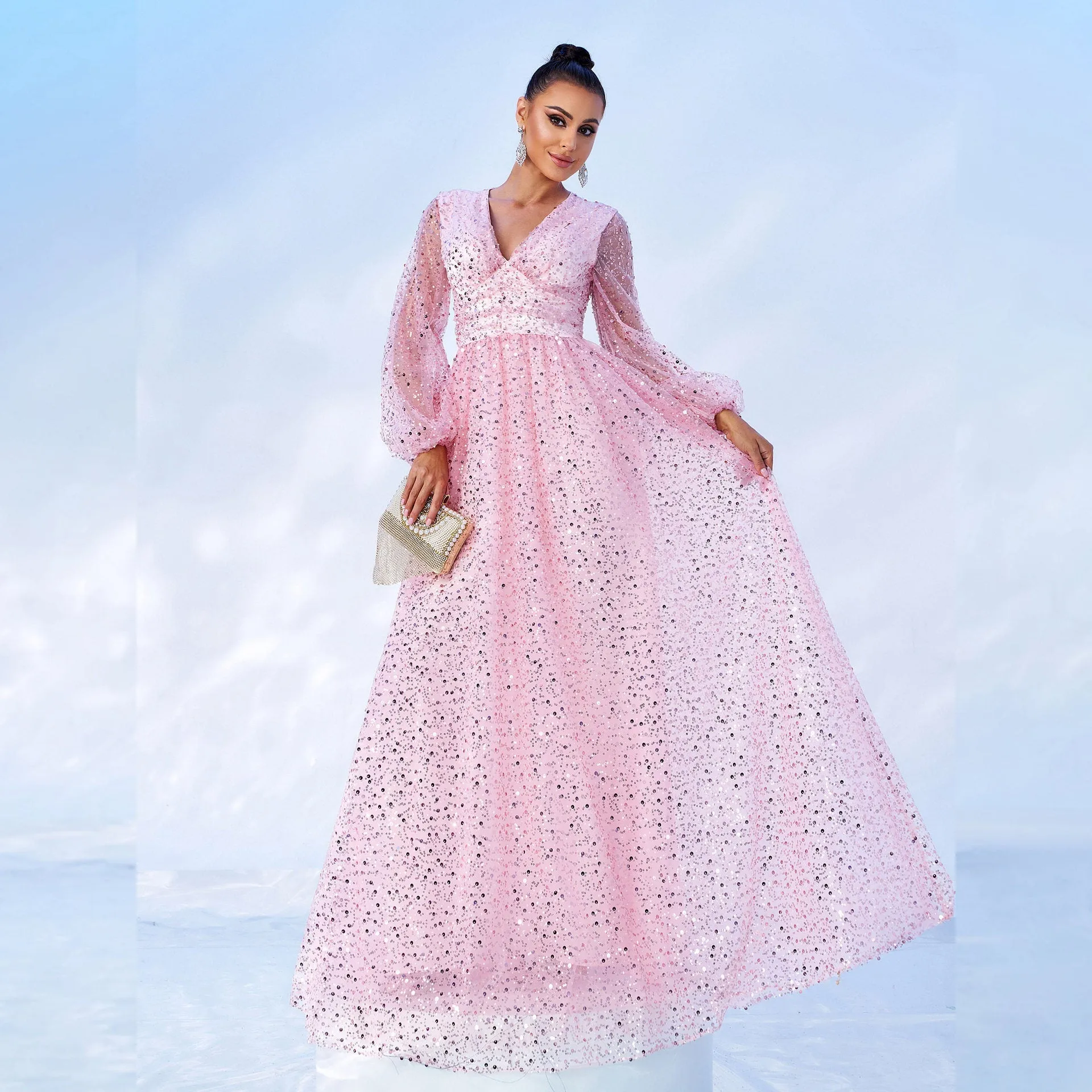Dazzling Long Sleeve V-Neck Sequin Evening Gown for Radiant Elegance