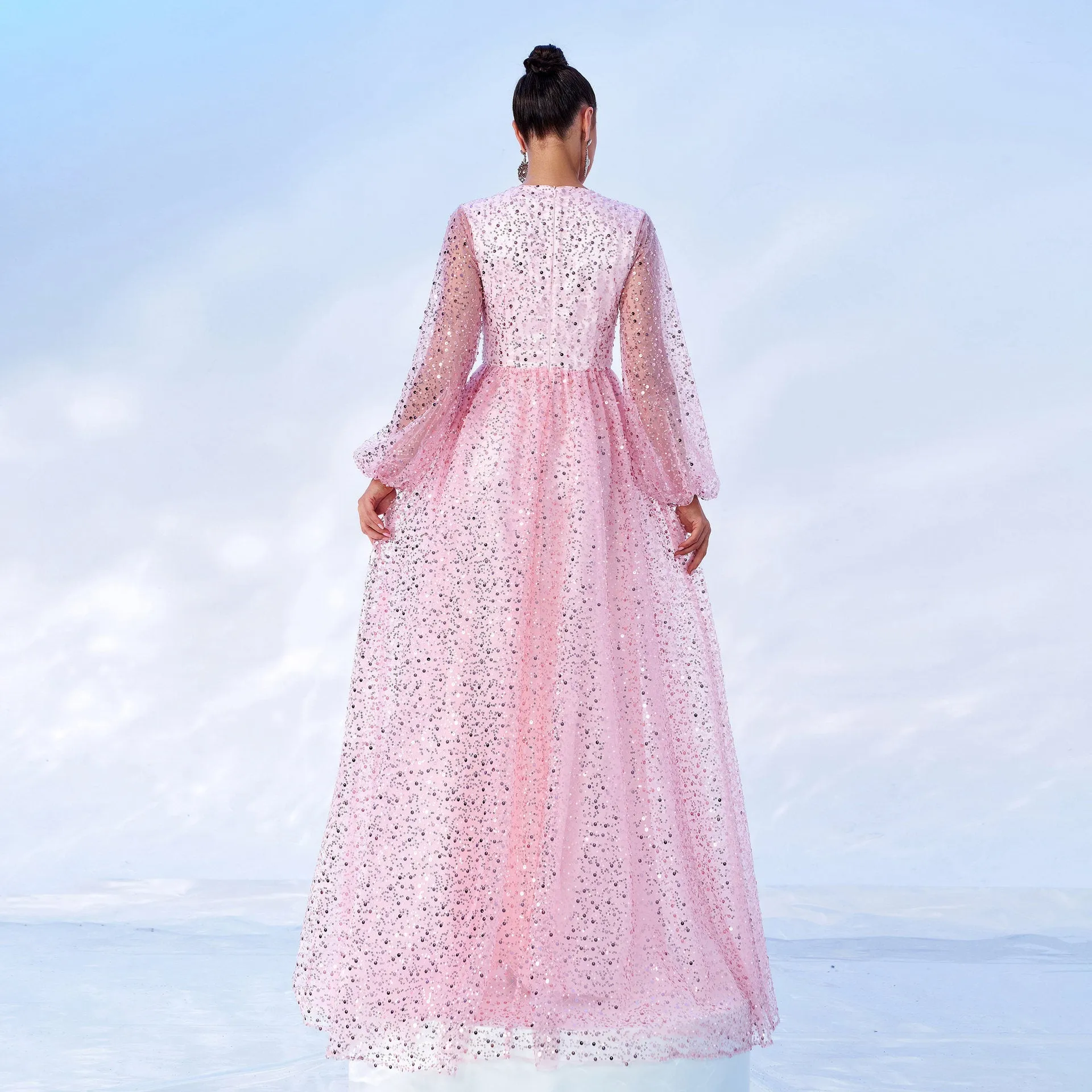 Dazzling Long Sleeve V-Neck Sequin Evening Gown for Radiant Elegance