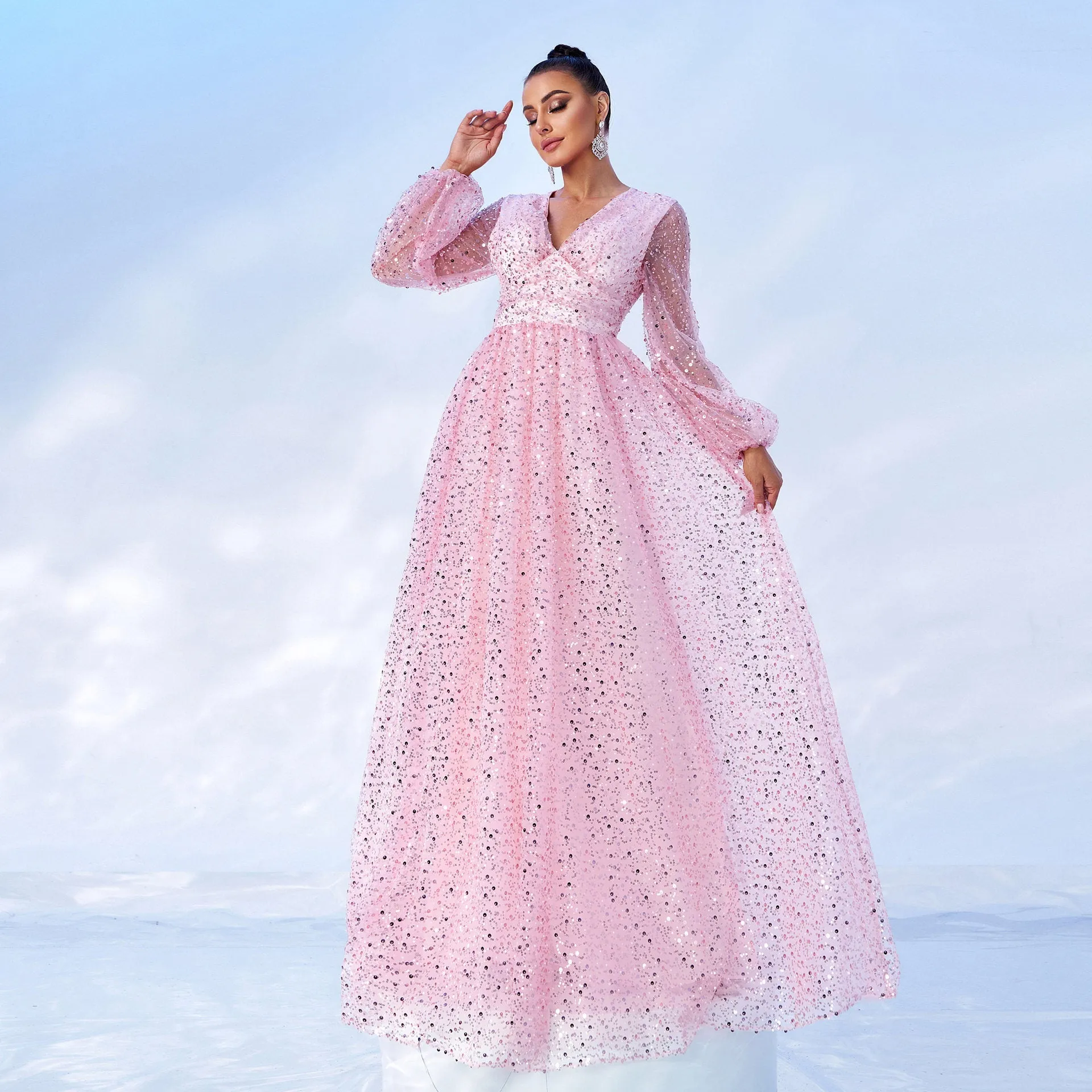 Dazzling Long Sleeve V-Neck Sequin Evening Gown for Radiant Elegance