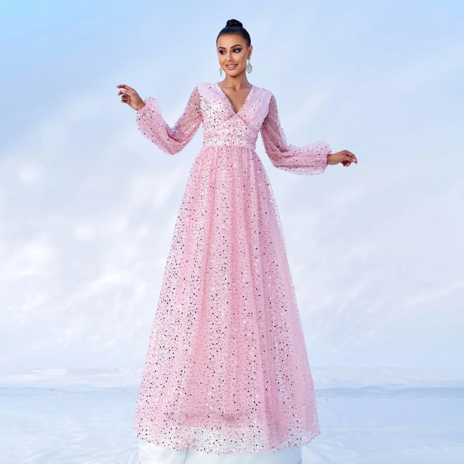 Dazzling Long Sleeve V-Neck Sequin Evening Gown for Radiant Elegance