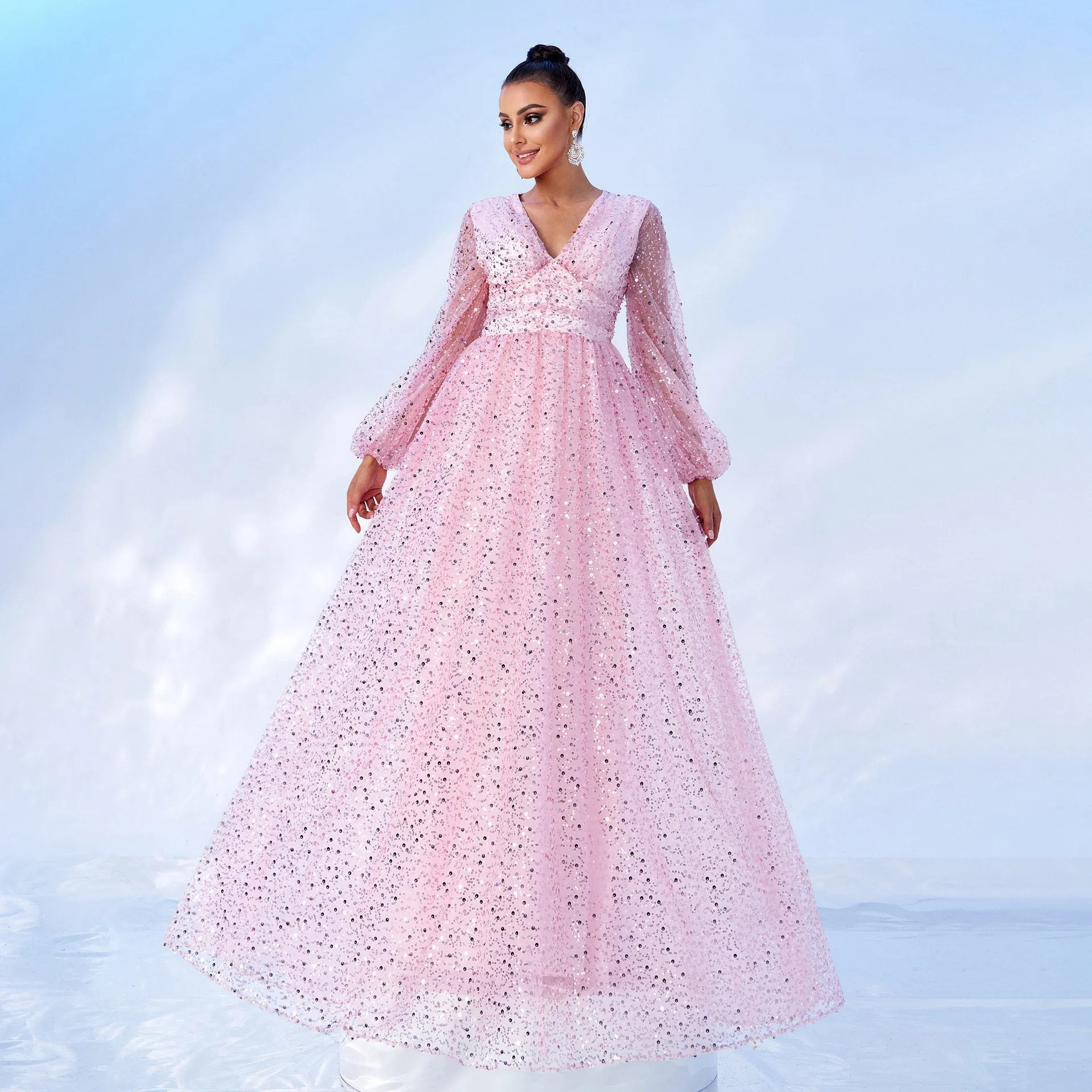 Dazzling Long Sleeve V-Neck Sequin Evening Gown for Radiant Elegance