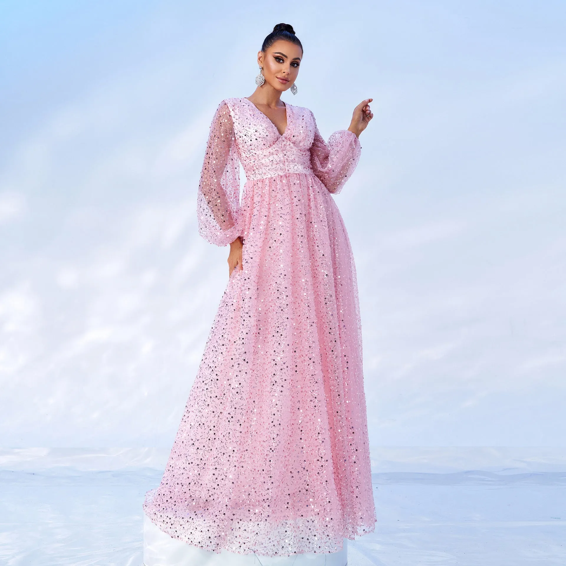 Dazzling Long Sleeve V-Neck Sequin Evening Gown for Radiant Elegance