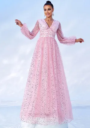 Dazzling Long Sleeve V-Neck Sequin Evening Gown for Radiant Elegance