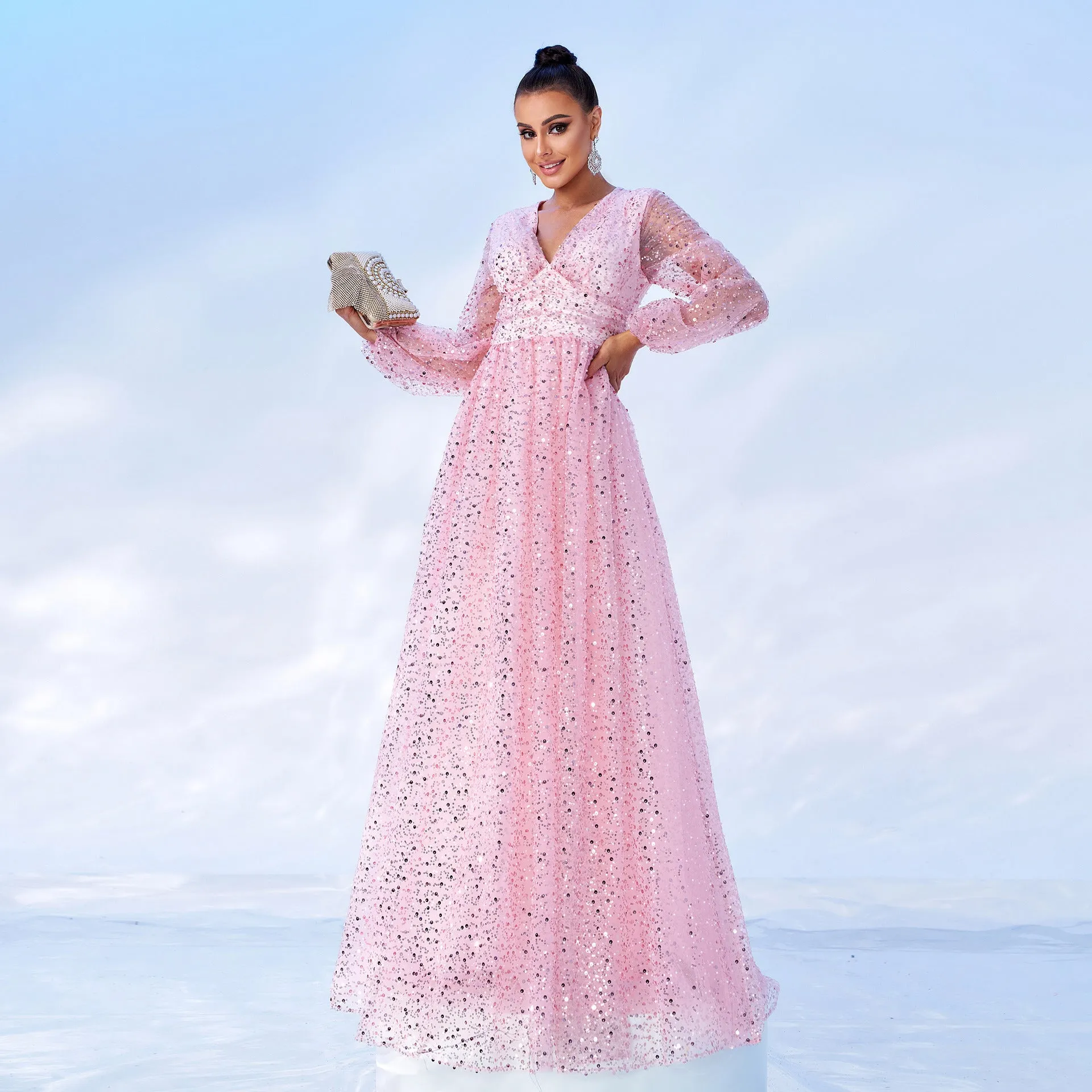 Dazzling Long Sleeve V-Neck Sequin Evening Gown for Radiant Elegance